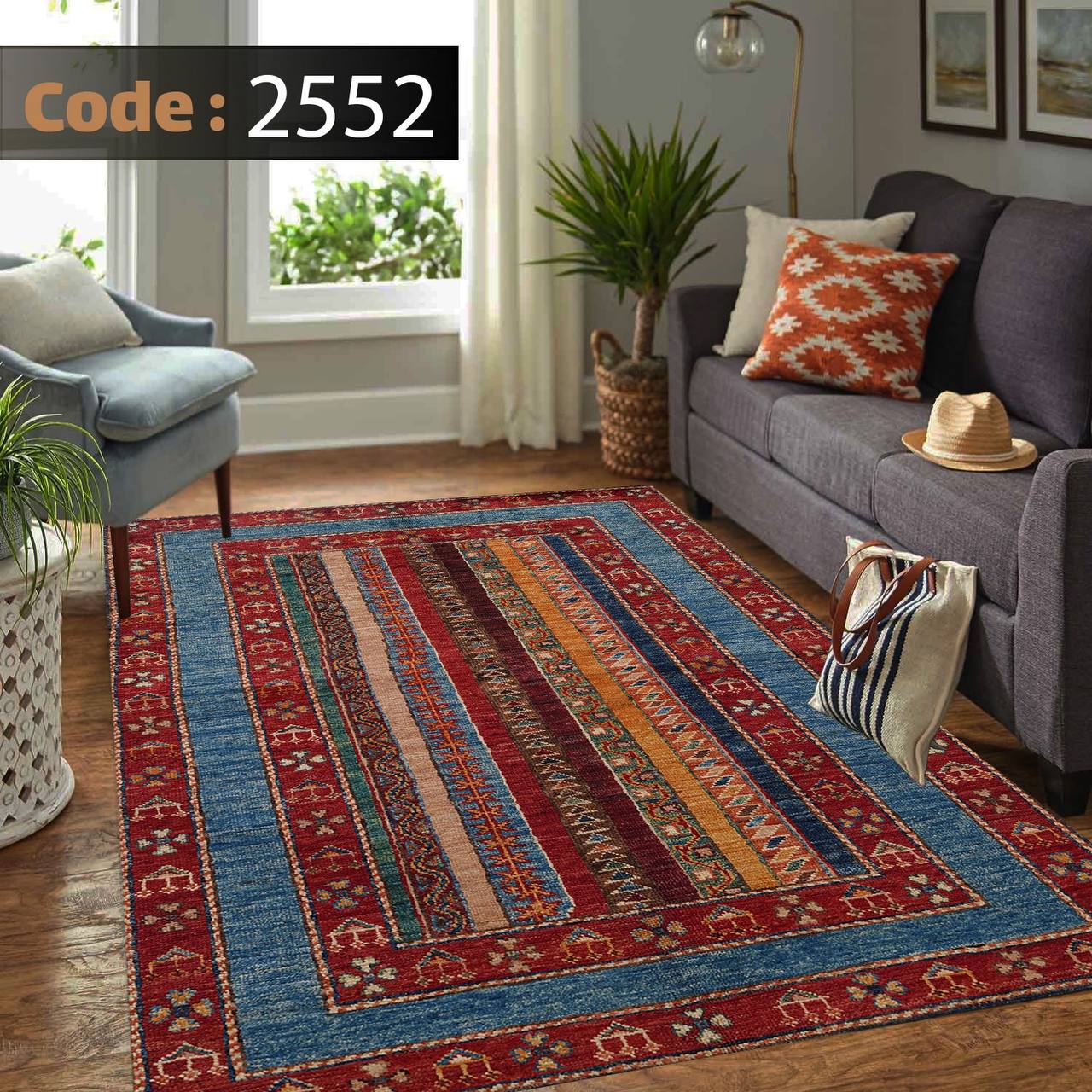 کاورفرش روفرشی دورکشدار گوشه لیفه ای لاکی ، آبی و متنوع کد 2552