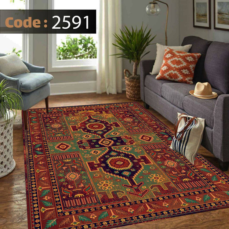 کاورفرش روفرشی دورکشدار گوشه لیفه ای لاکی ، آبی و متنوع کد 2591