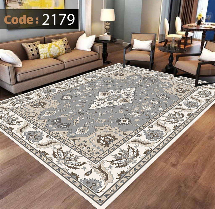 کاورفرش روفرشی دورکشدار گوشه لیفه ای طوسی کرم کد 2179