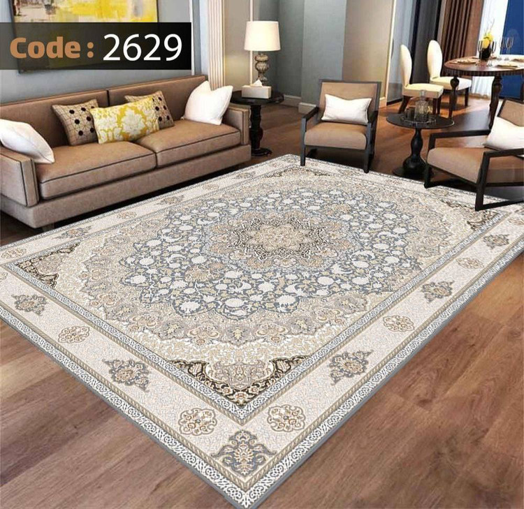 کاورفرش روفرشی دورکشدار گوشه لیفه ای طوسی کرم کد 2629