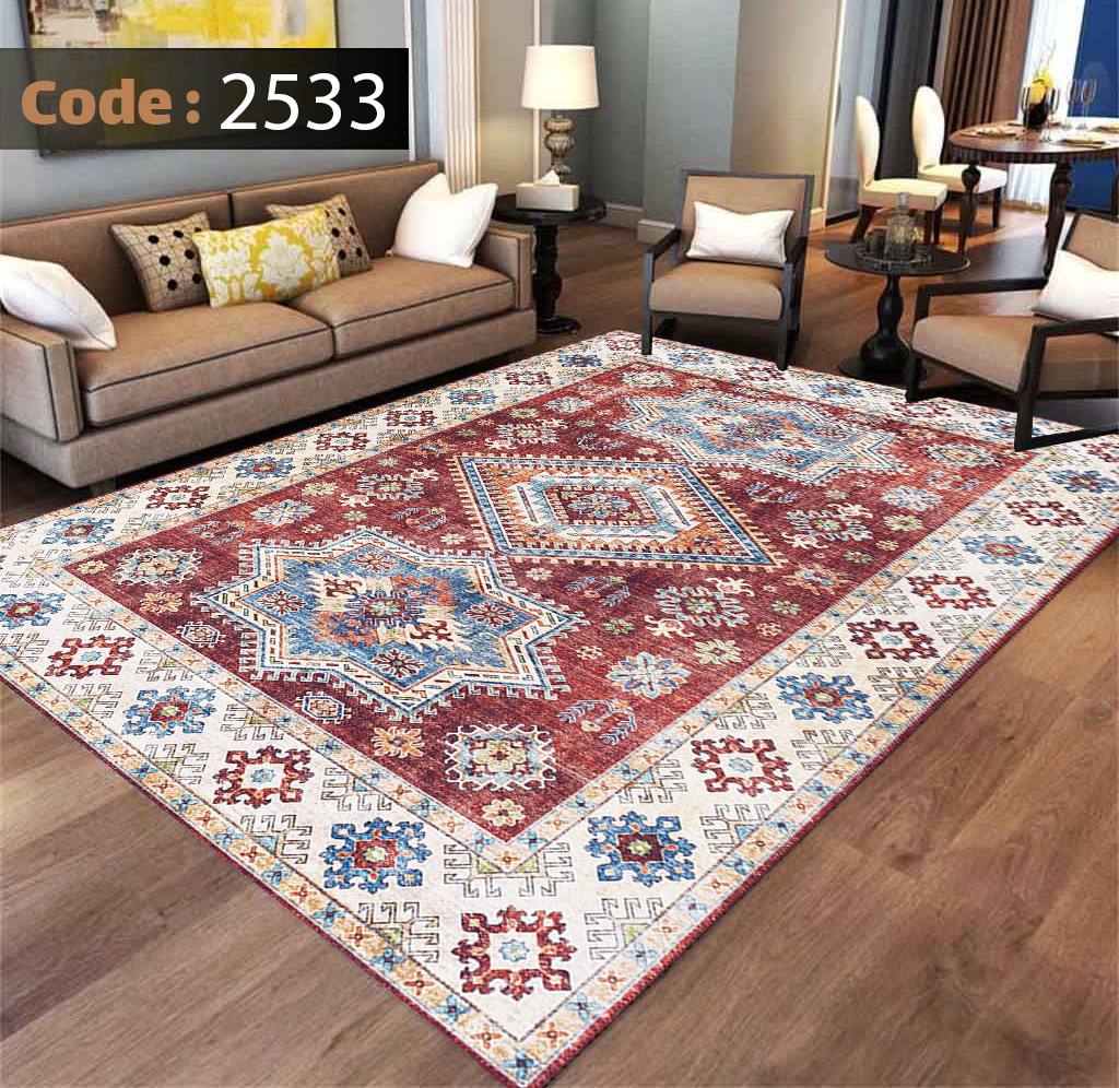 کاورفرش روفرشی دورکشدار گوشه لیفه ای لاکی ، آبی و متنوع کد 2533