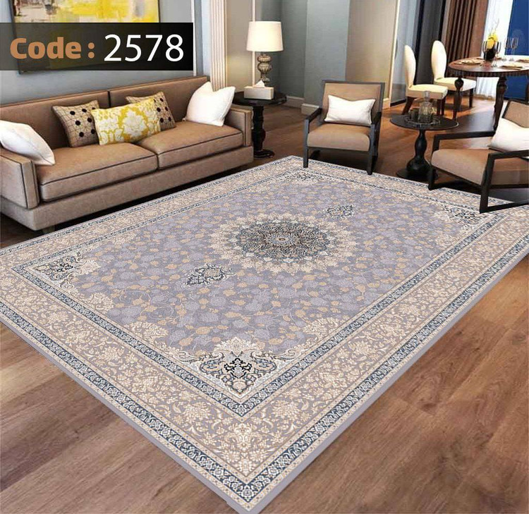 کاورفرش روفرشی دورکشدار گوشه لیفه ای طوسی کرم کد 2578