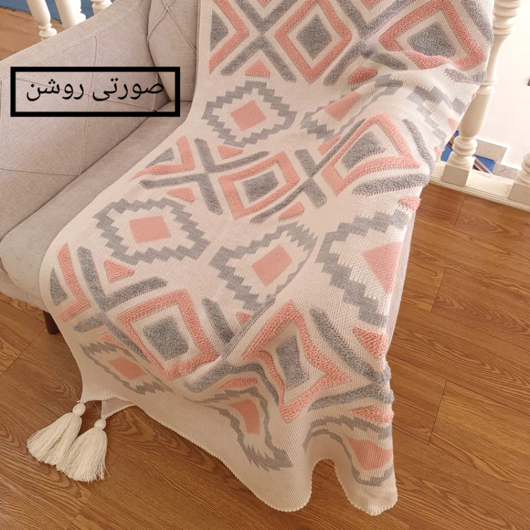 شال مبل عرض سه متر نخ اکریلیک ترک طرح پانچ همراه با دو عدد کوسن ست